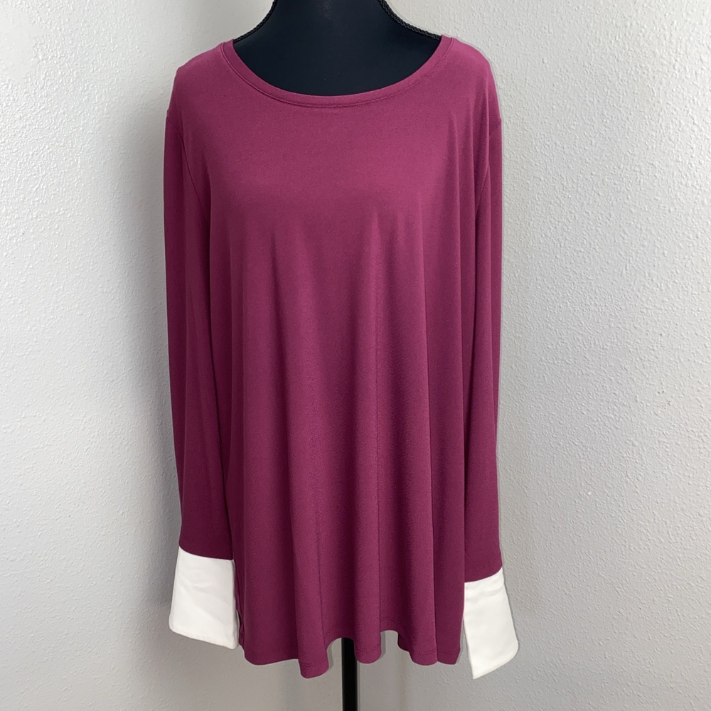 Susan Graver Blouse Women's XL Sweet Merlot Liquid Knit‎ White Woven Cuff Detail